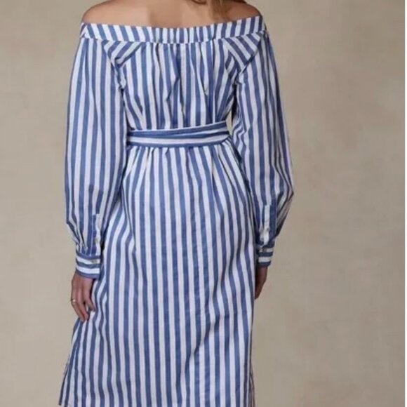NWT Banana Republic Off The Shoulder Midi Shirt Dress Blue Stripe - Picture 2 of 7